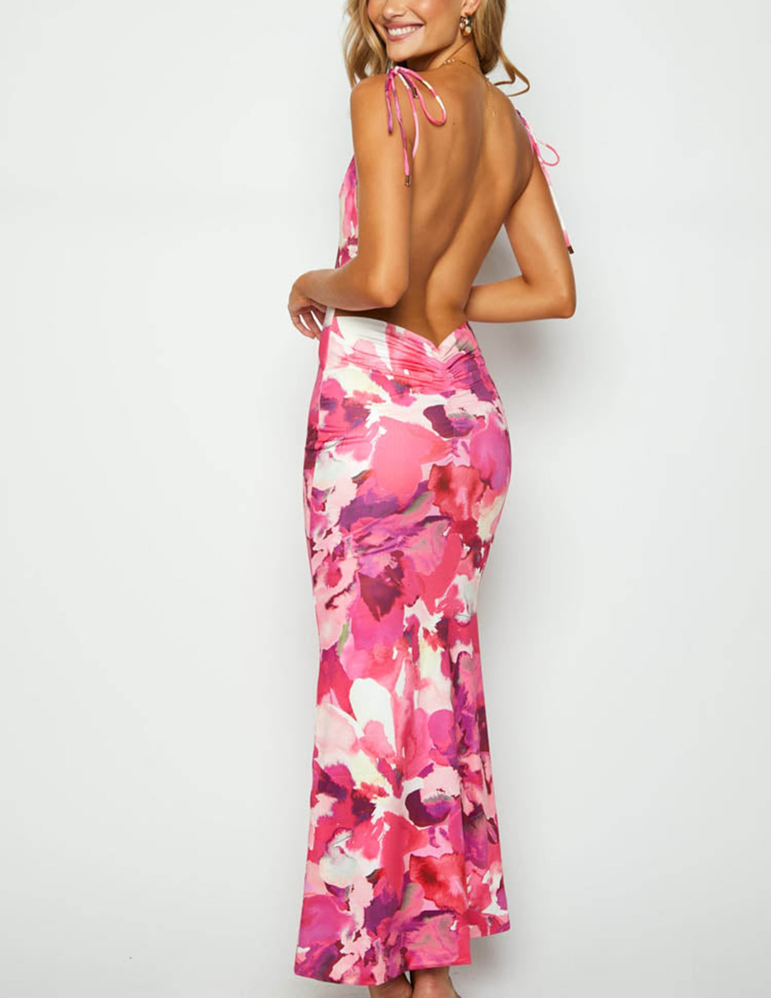 Ärmelloses rückenfreies pinkes Maxikleid mit Print
