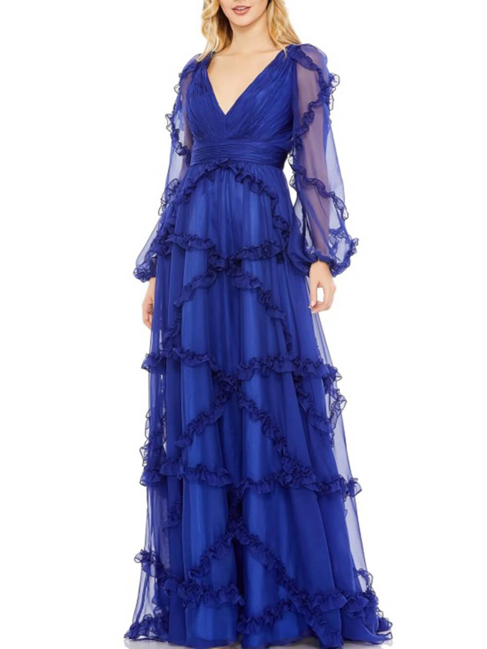 Maxikleid in A-Linie mit gestuften Rüschen und Puffärmeln