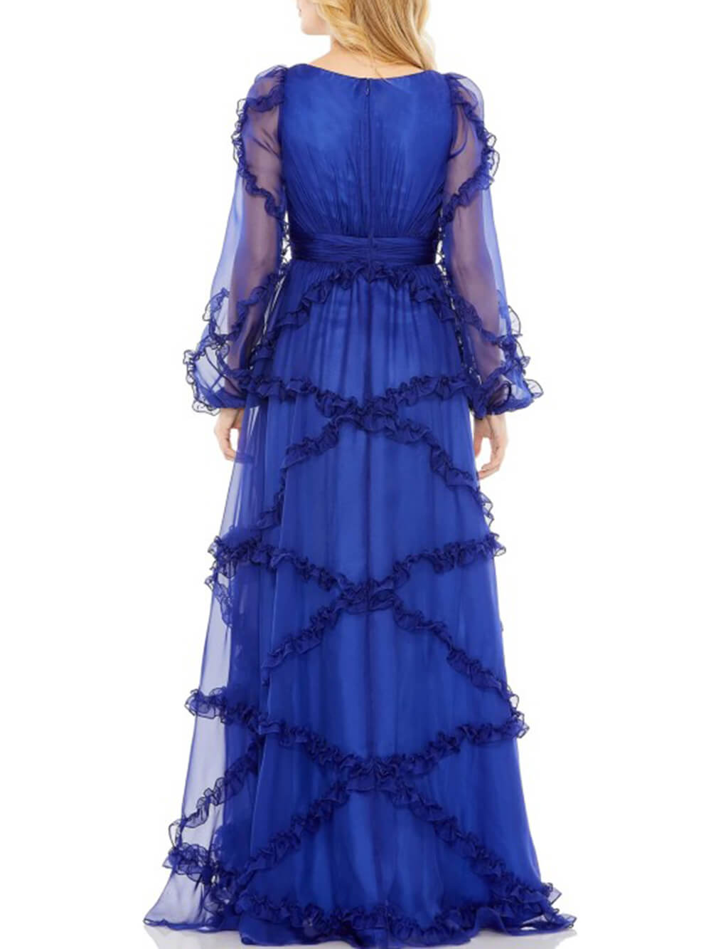 Maxikleid in A-Linie mit gestuften Rüschen und Puffärmeln
