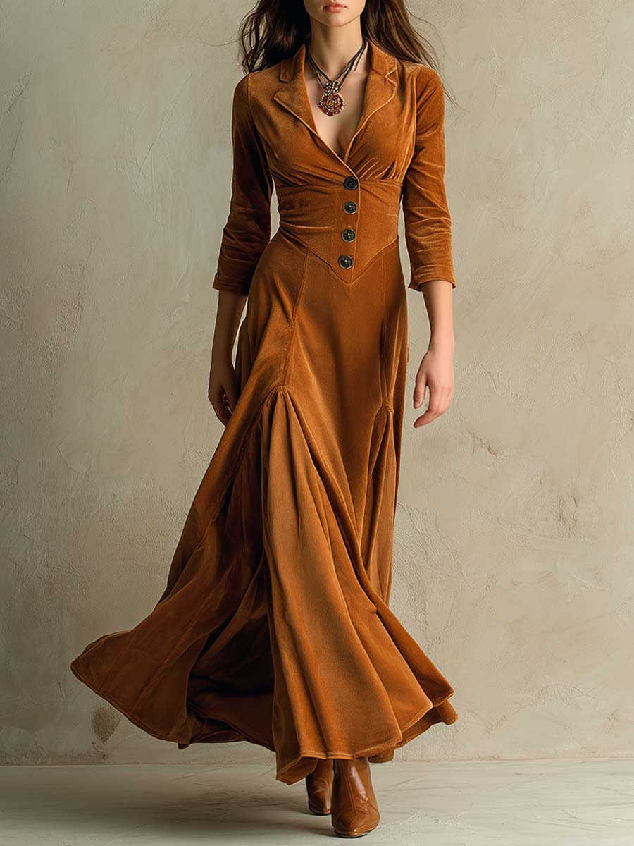 Braunes Elegantes Retro-Kleid mit Anzugkragen und Samtstoff
