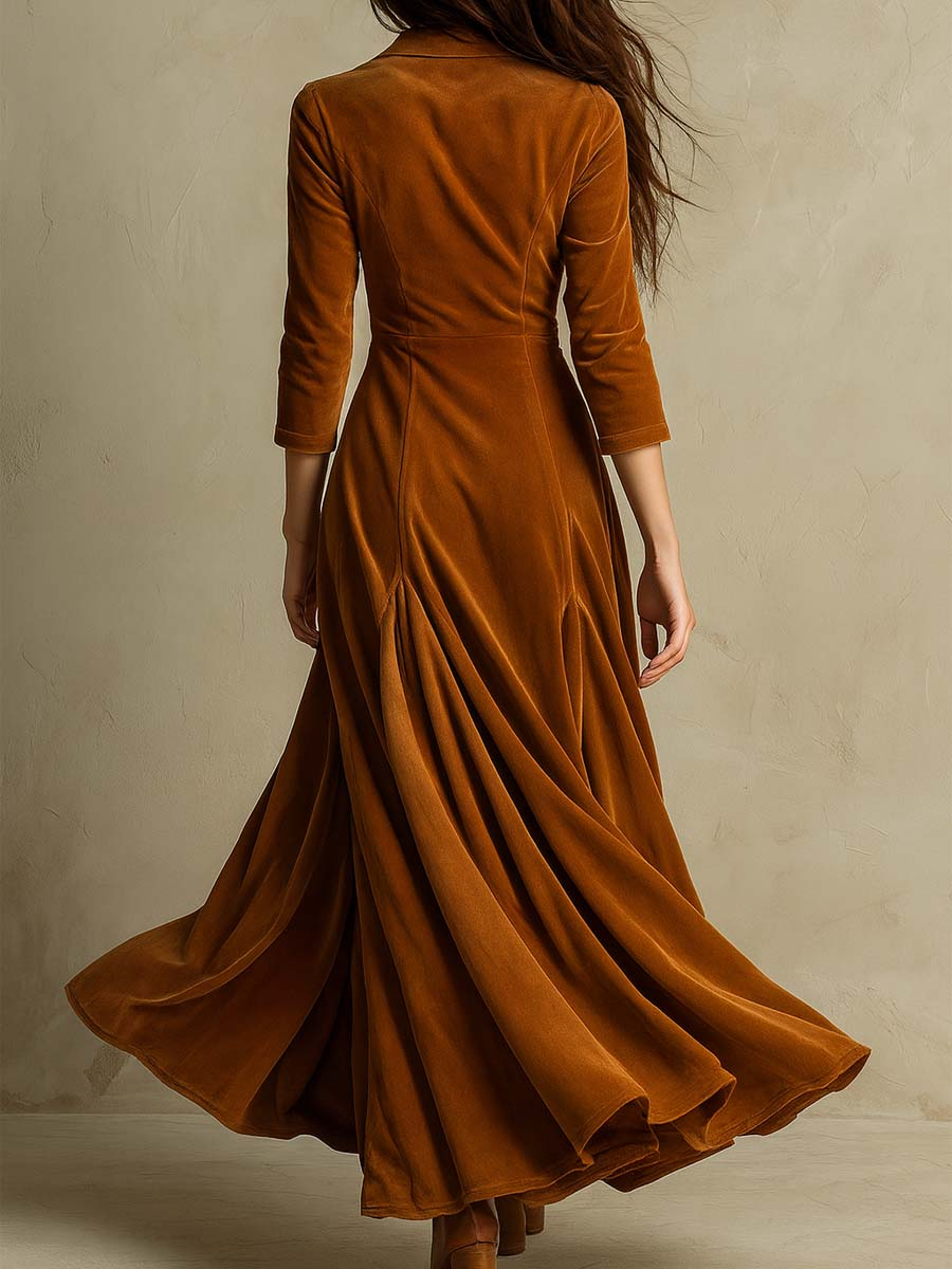 Braunes Elegantes Retro-Kleid mit Anzugkragen und Samtstoff