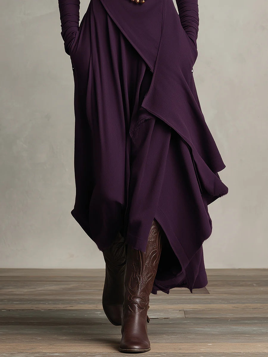 Lila hochgeschlossenes, asymmetrisches Plissee-Maxikleid