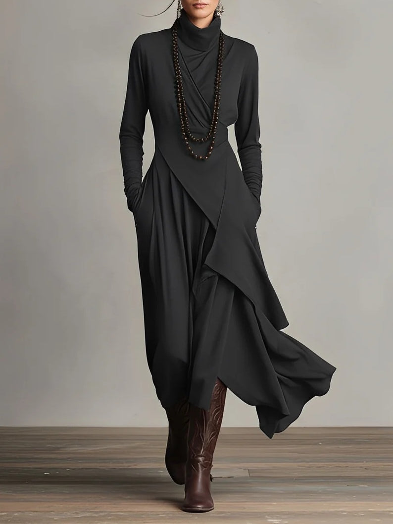 Lila hochgeschlossenes, asymmetrisches Plissee-Maxikleid