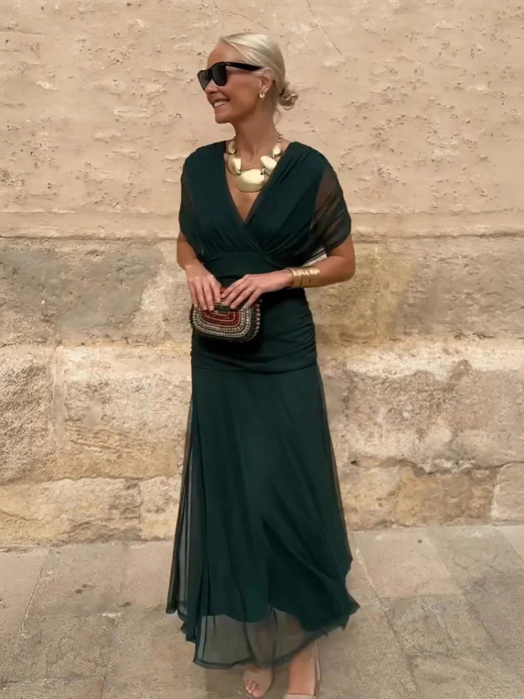 Elegantes V-Ausschnitt Maxi-Partykleid mit fantasievollem Blumendruck