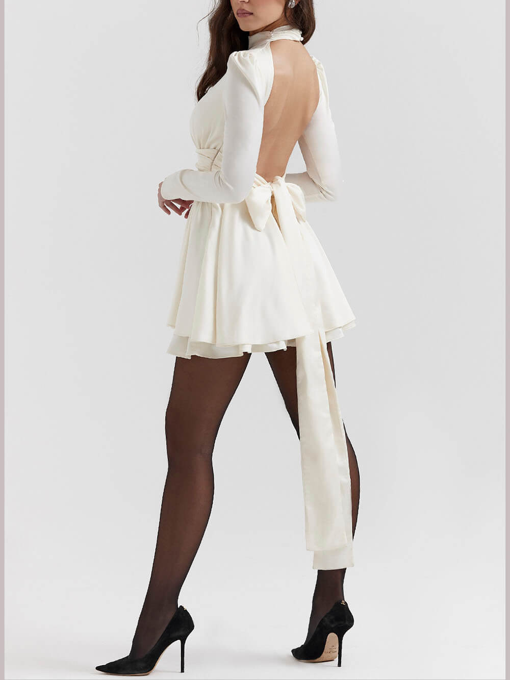Elfenbein Mini-Kleid mit Schleife