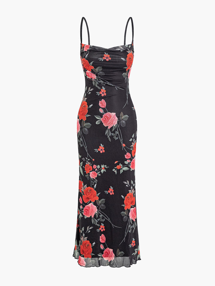 Geblümtes Mesh-Maxikleid mit Spaghettiträgern