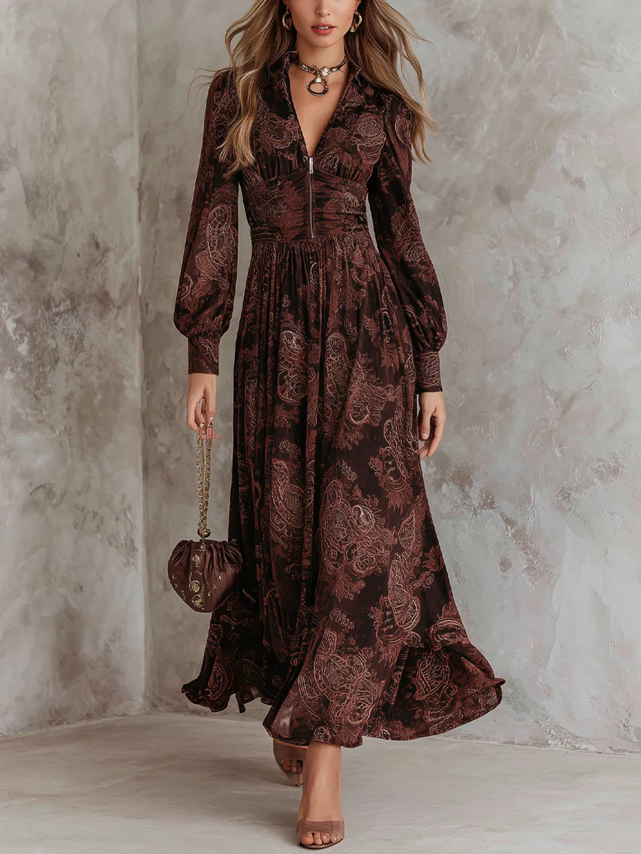 Braunes Paisley-Maxikleid mit Reißverschluss an der Taille