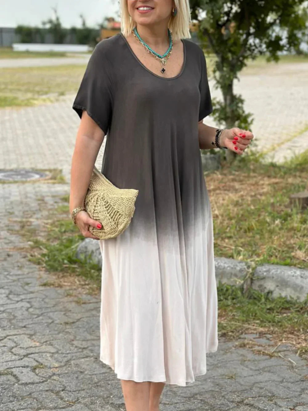 Batik-Farbverlauf-Kleid mit ausgestelltem Rock