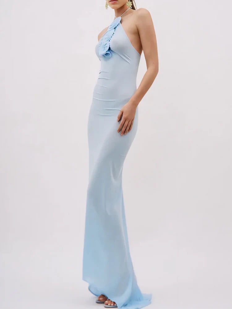 Maxikleid aus Jersey mit Blumenapplikationen und Neckholder in Blau