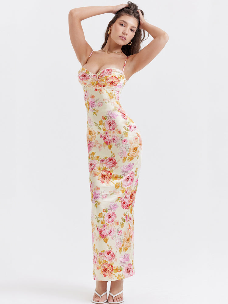 Elfenbeinweißes geblümtes Maxikleid