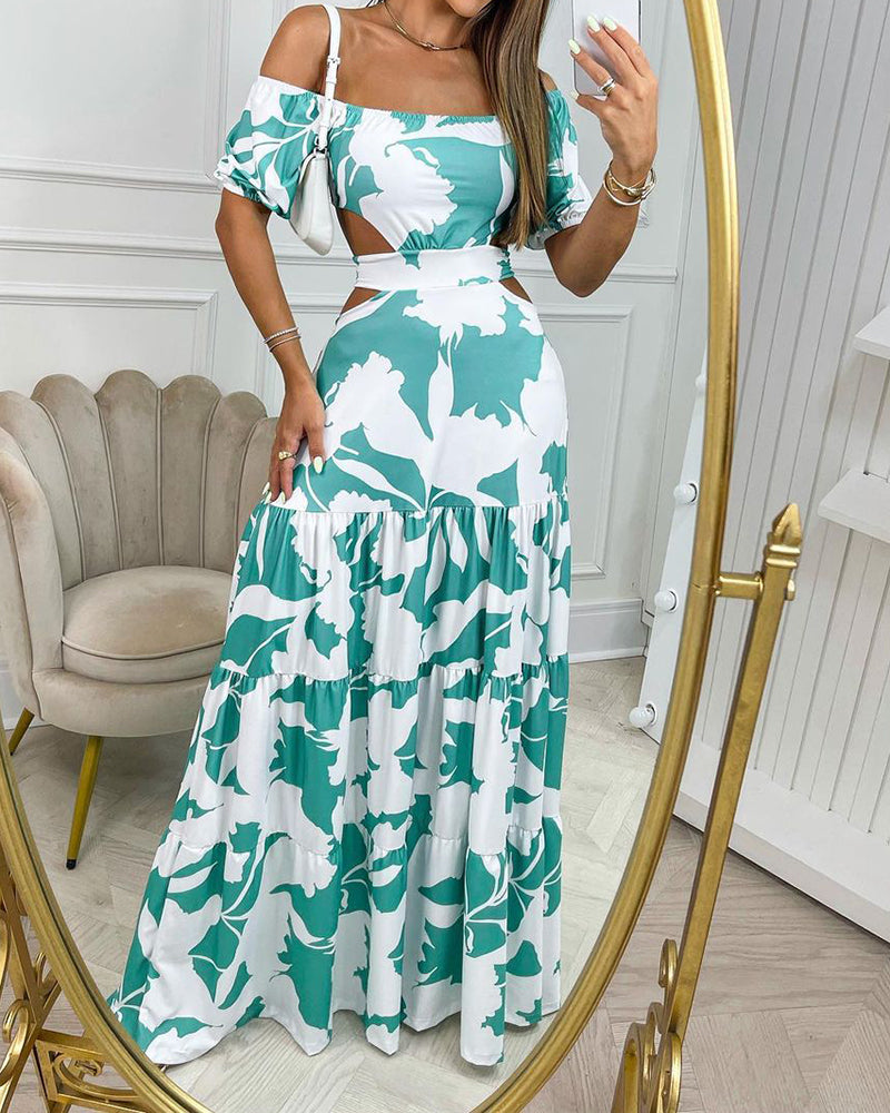 Schulterfreies bedrucktes Maxikleid mit Cut-outs
