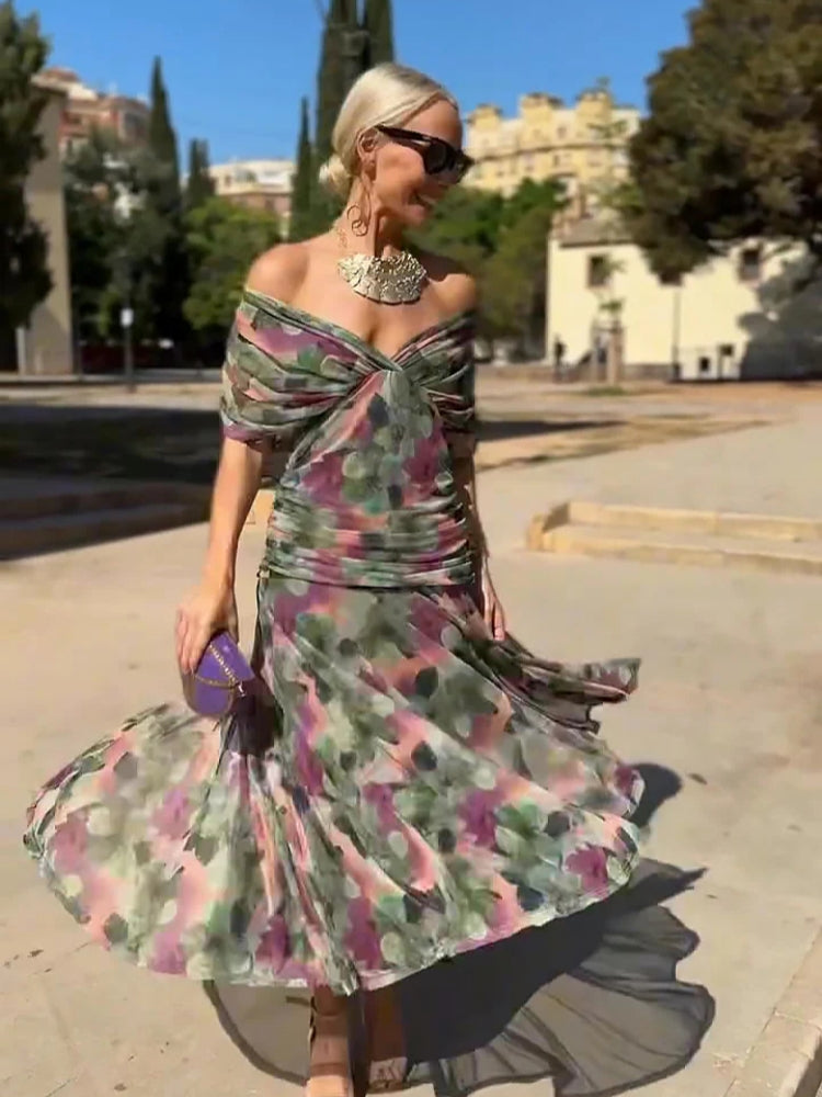 Elegantes V-Ausschnitt Maxi-Partykleid mit fantasievollem Blumendruck