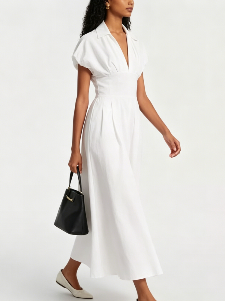 White V-Neck Puff Sleeve Midi Dress