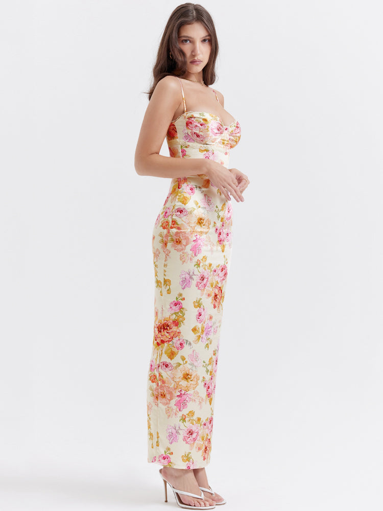 Elfenbeinweißes geblümtes Maxikleid