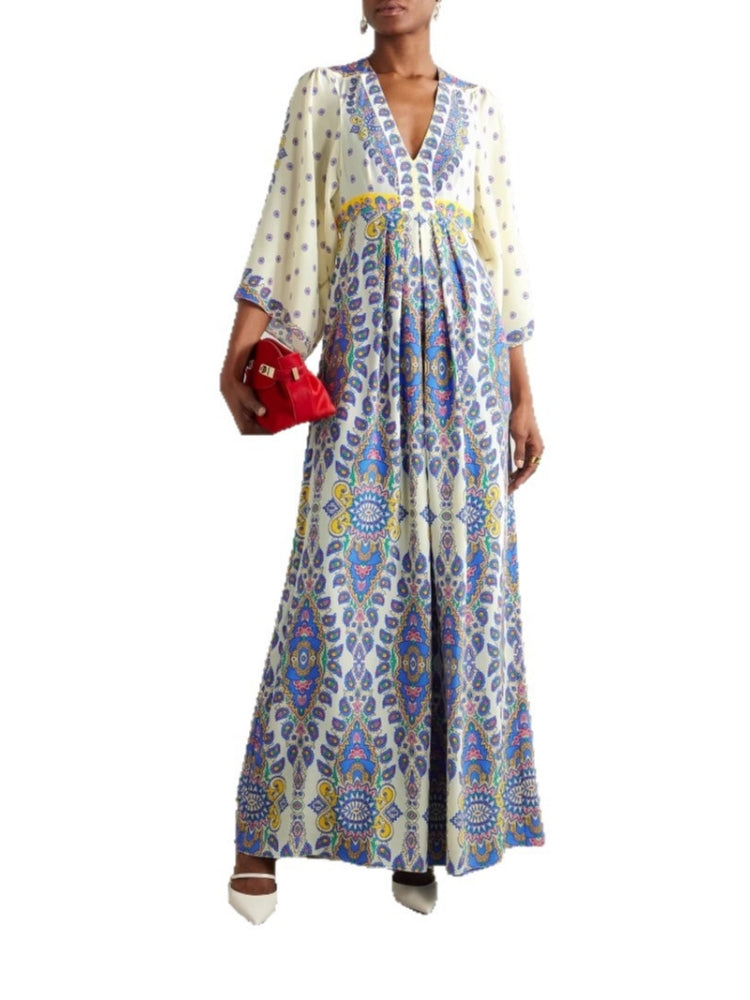 Lässiges, locker geschnittenes Maxikleid mit V-Ausschnitt und Print