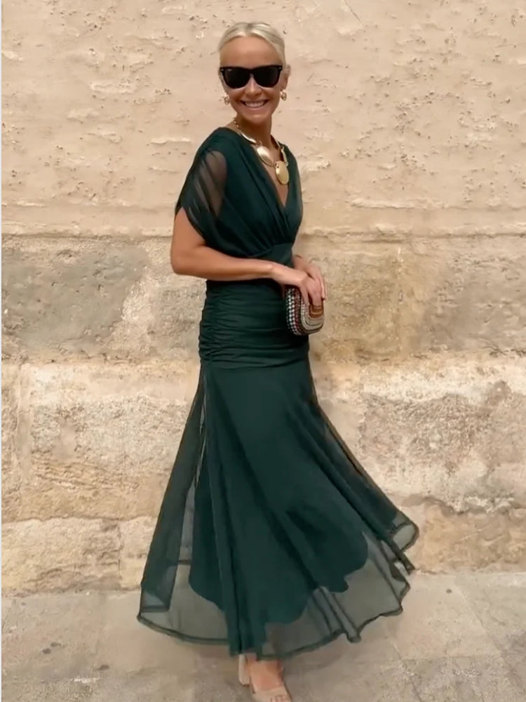 Elegantes V-Ausschnitt Maxi-Partykleid mit fantasievollem Blumendruck