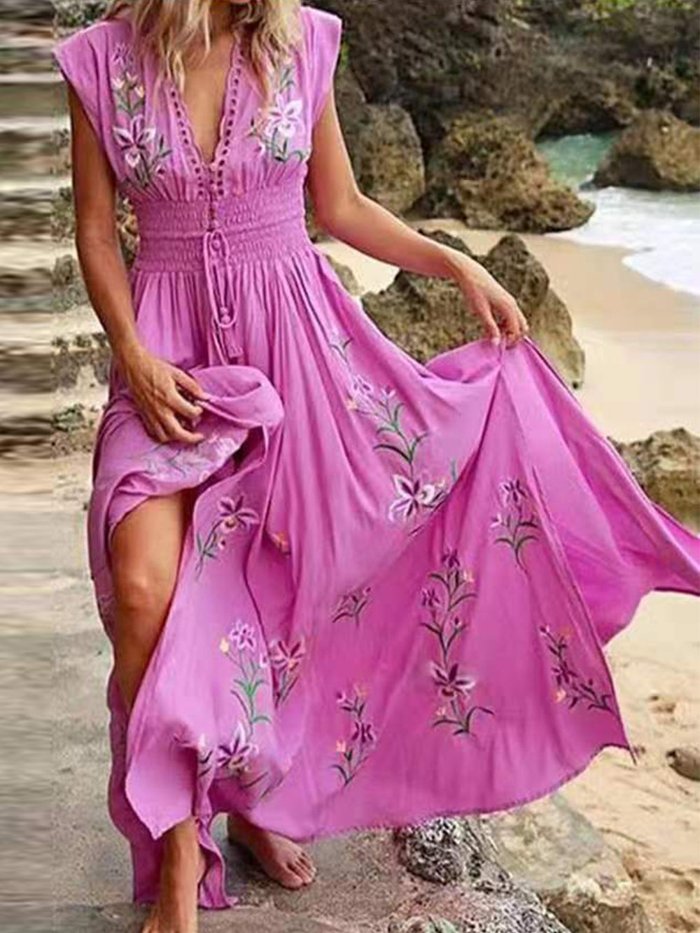 V-Ausschnitt Französisches Boho-Strandkleid mit Print