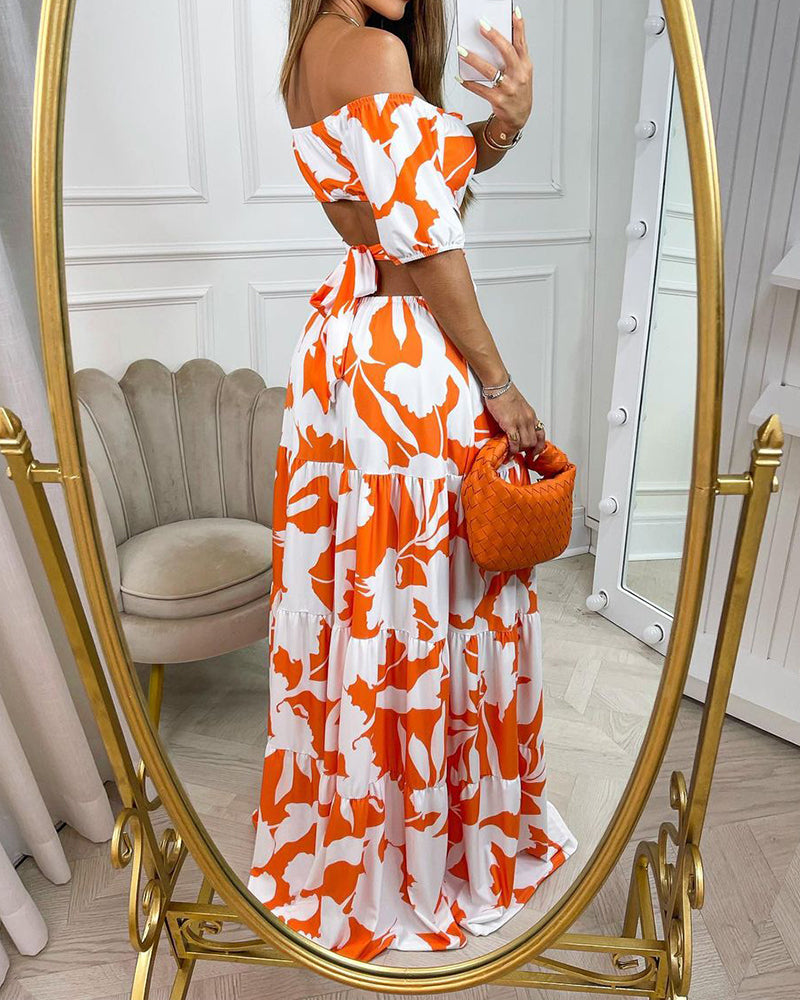 Schulterfreies bedrucktes Maxikleid mit Cut-outs