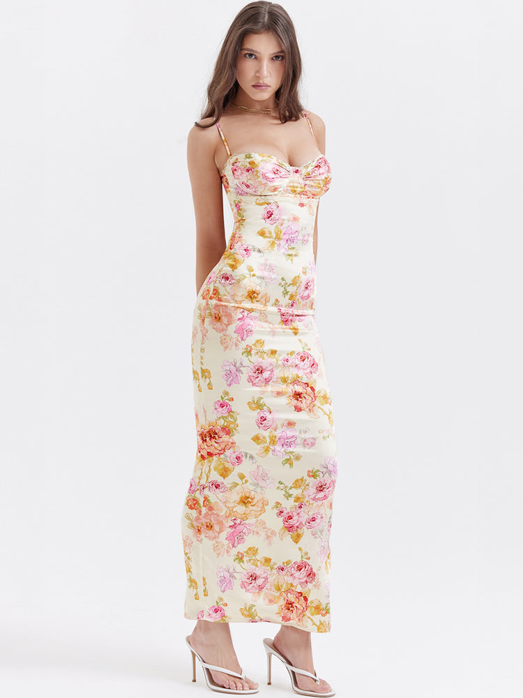 Elfenbeinweißes geblümtes Maxikleid