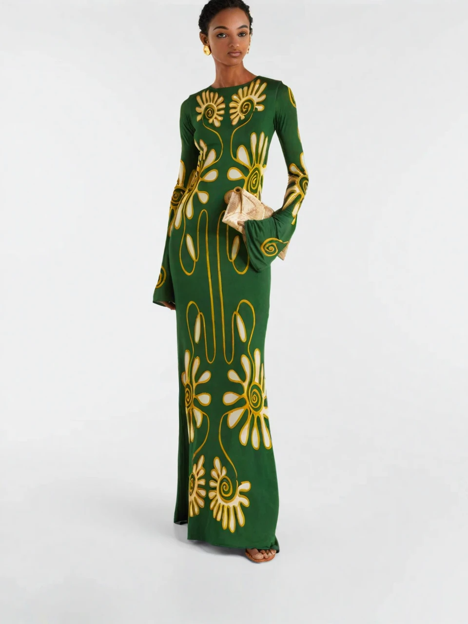 Grünes, abstraktes florales Maxikleid mit ausgestellten Ärmeln