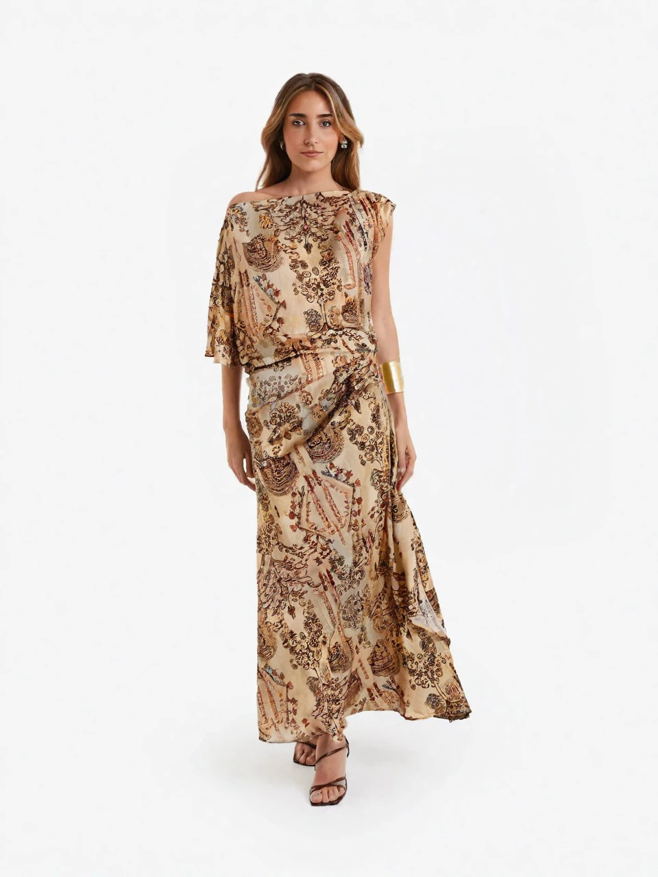 Asymmetric Sleeve Print Midi Dress