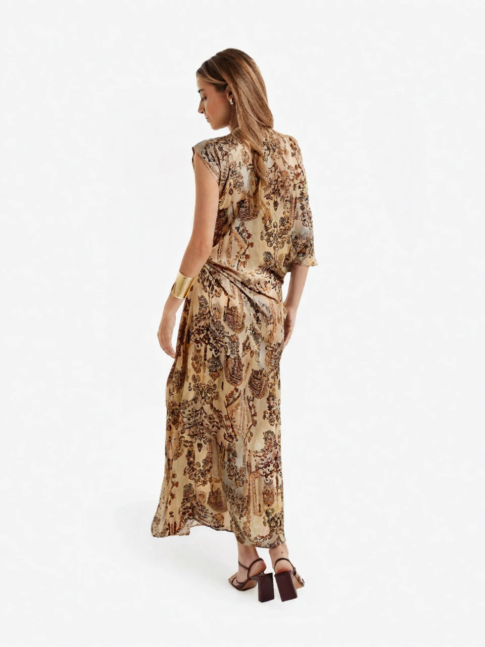 Asymmetric Sleeve Print Midi Dress