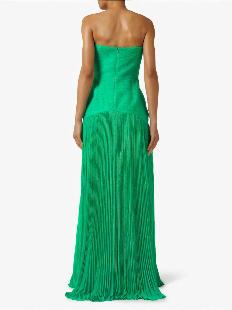 Smaragdgrünes, plissiertes, trägerloses Abendkleid