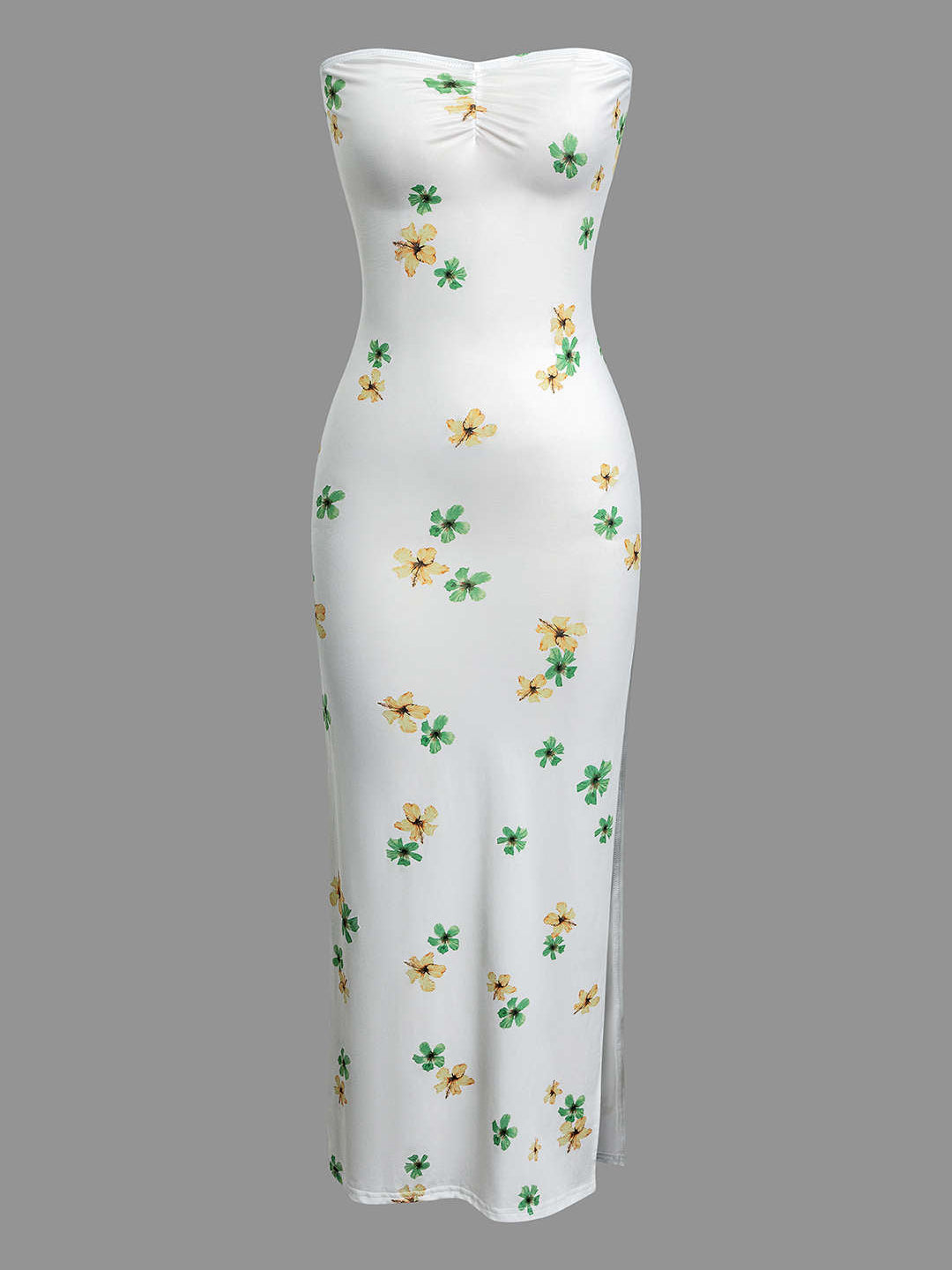 Geblümtes, gerafftes, geschlitztes trägerloses Maxikleid