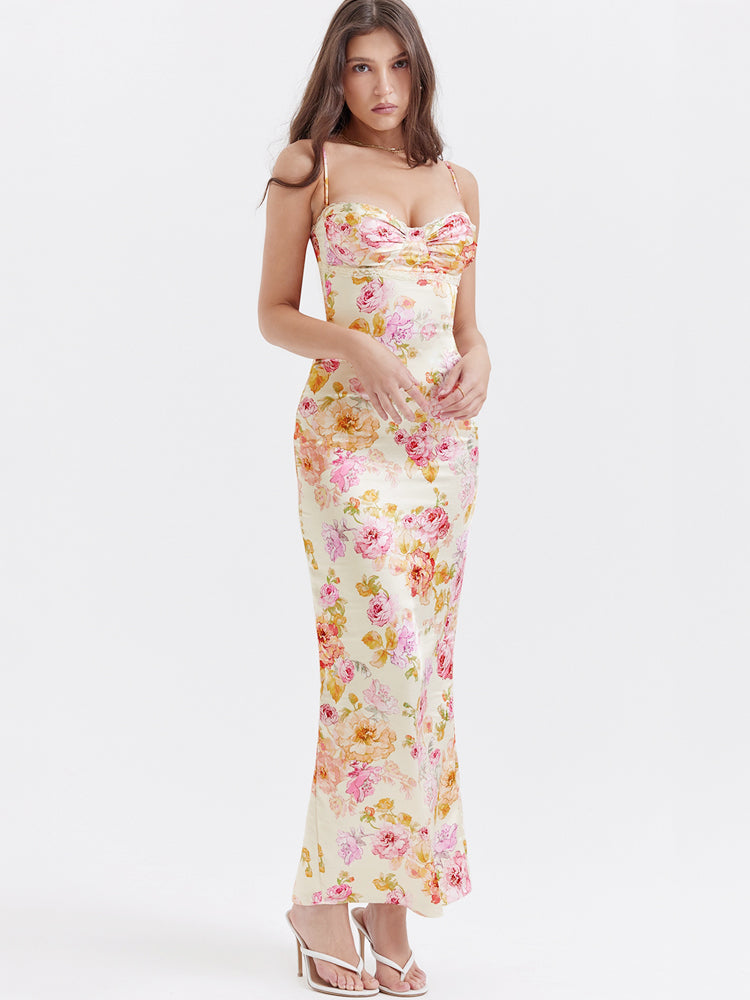 Elfenbeinweißes geblümtes Maxikleid