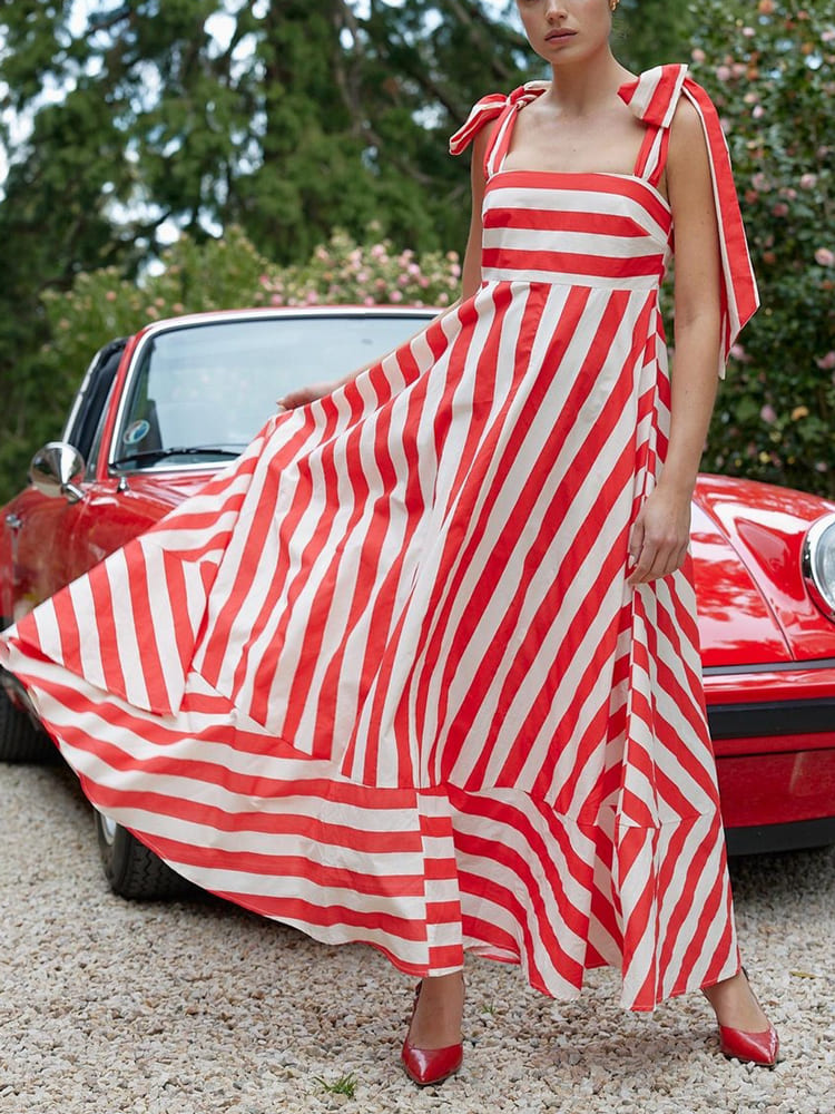 Hidden Striped Turtle Hoch tailliertes Maxikleid – Poppy & Antique Stripe