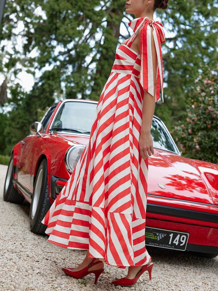 Hidden Striped Turtle Hoch tailliertes Maxikleid – Poppy & Antique Stripe