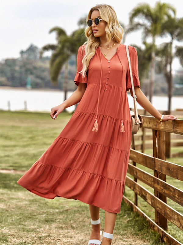 Damen Orange Kurzarm V-Ausschnitt Rüschenkleid