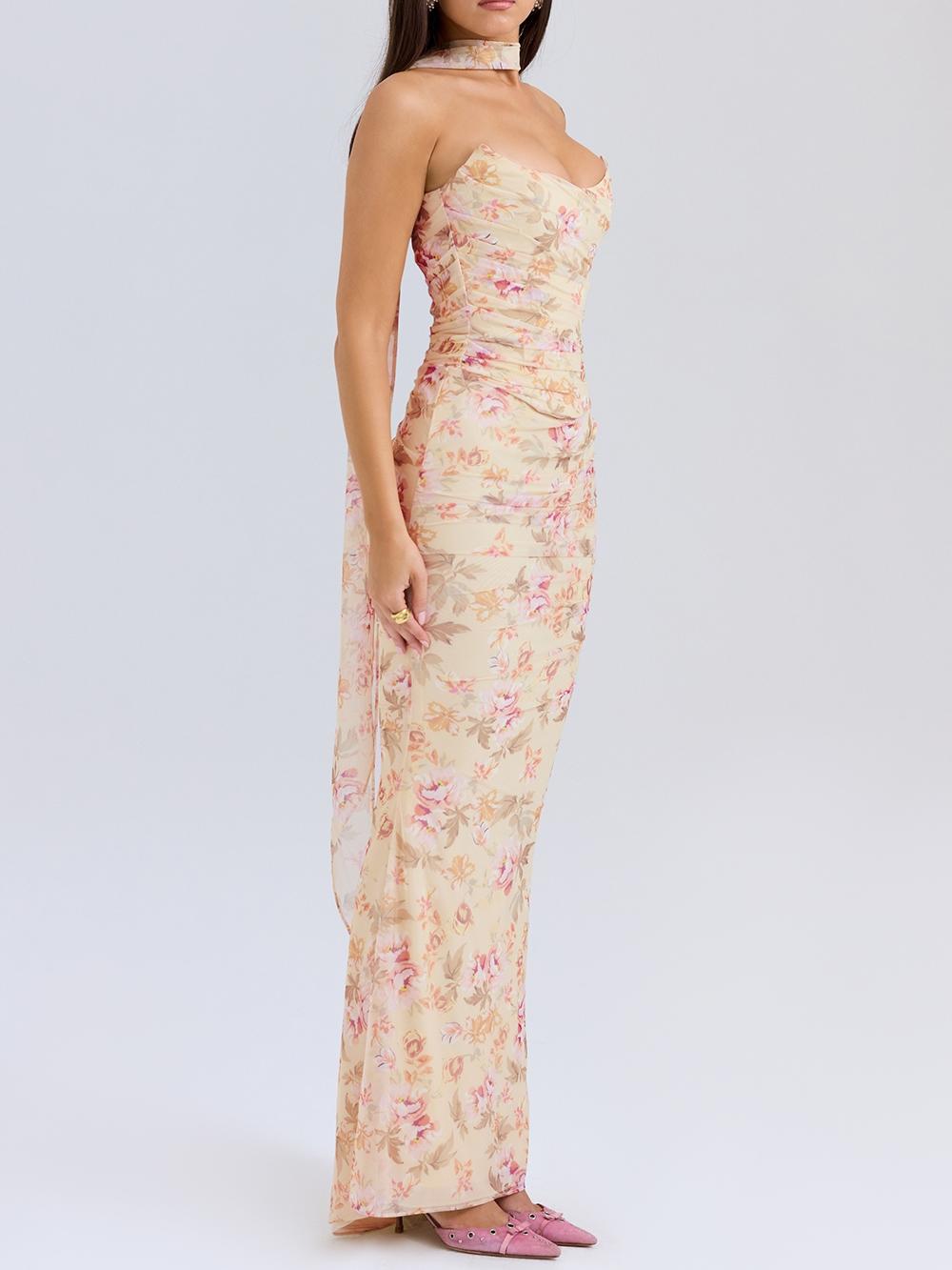 Trägerloses Oberteil und Rock mit hoher Taille und Bindedetail mit Blumenmuster