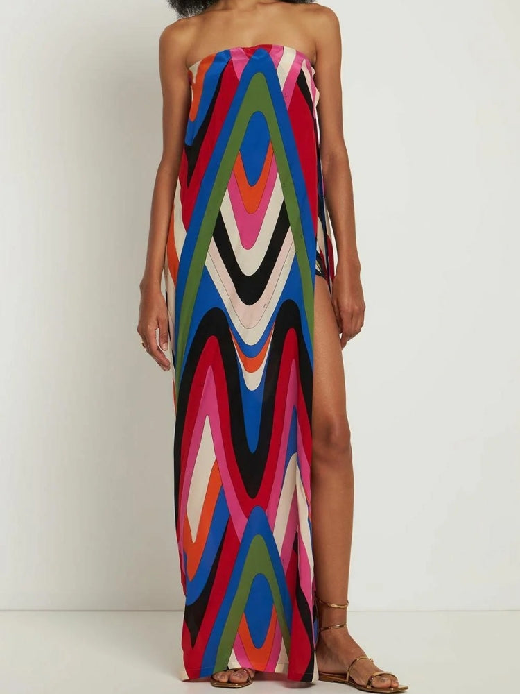 Trägerloses Maxi-Kleid aus Moiré mit seitlichem Schlitz