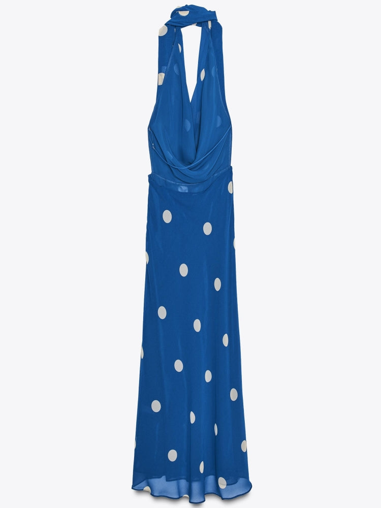 Gepunktetes drapiertes Neckholder-Midikleid