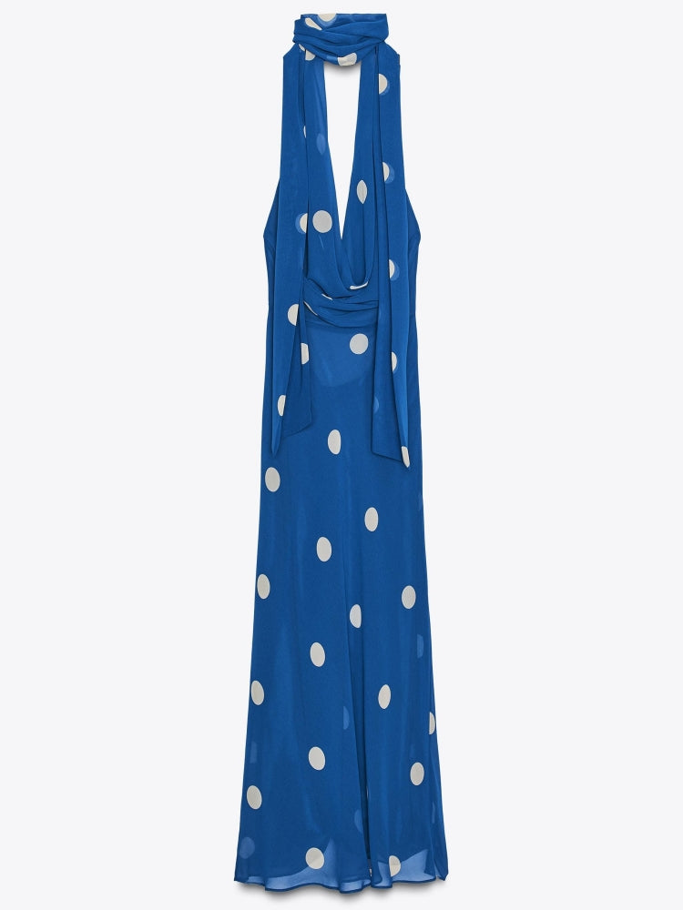 Gepunktetes drapiertes Neckholder-Midikleid