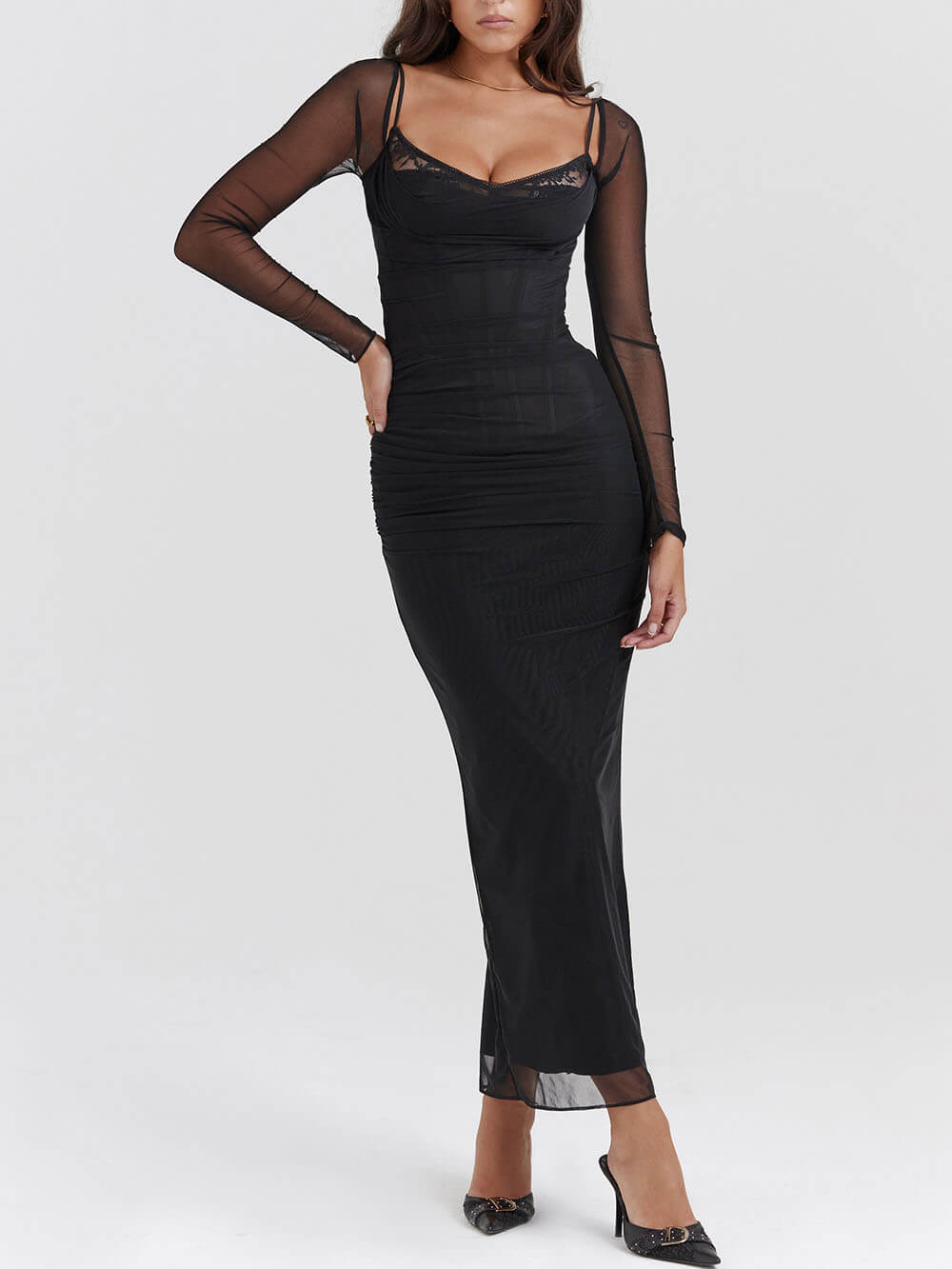 Schwarzes rückenfreies Bodycon-Maxikleid mit Spaghettiträgern