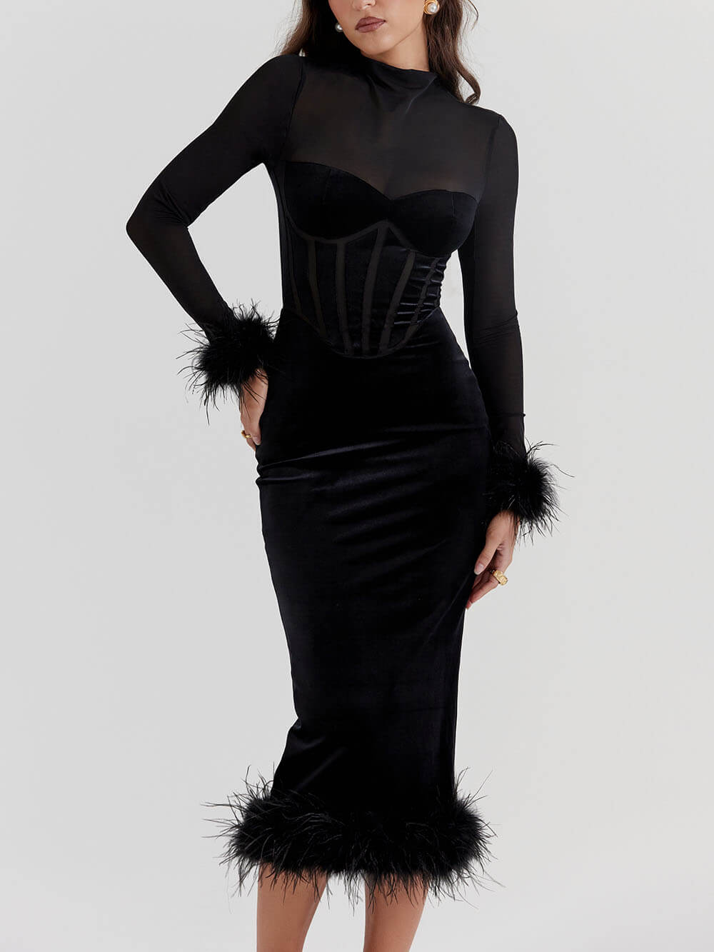 Schwarzes Midi-Samtkleid