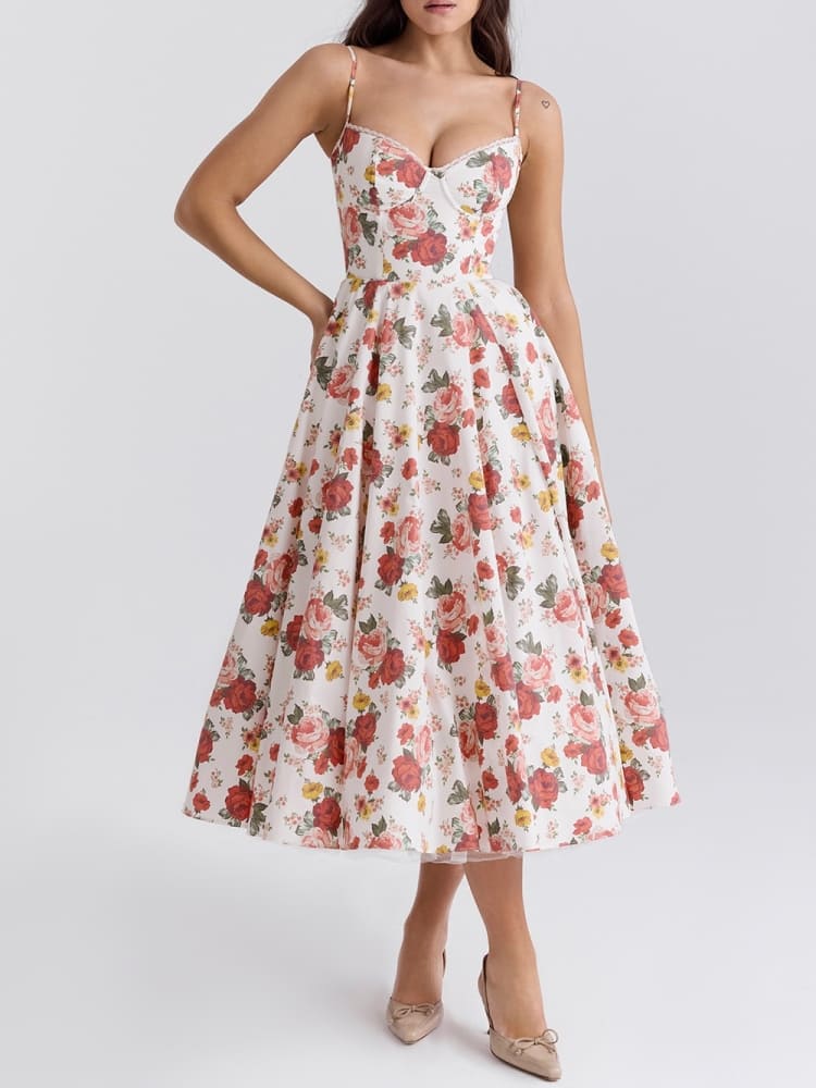 Italienisches Rosenmuster Tüll Midikleid