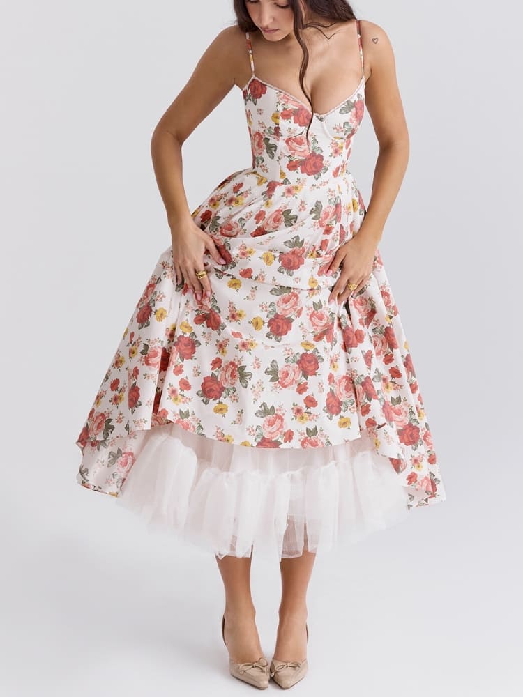 Italienisches Rosenmuster Tüll Midikleid