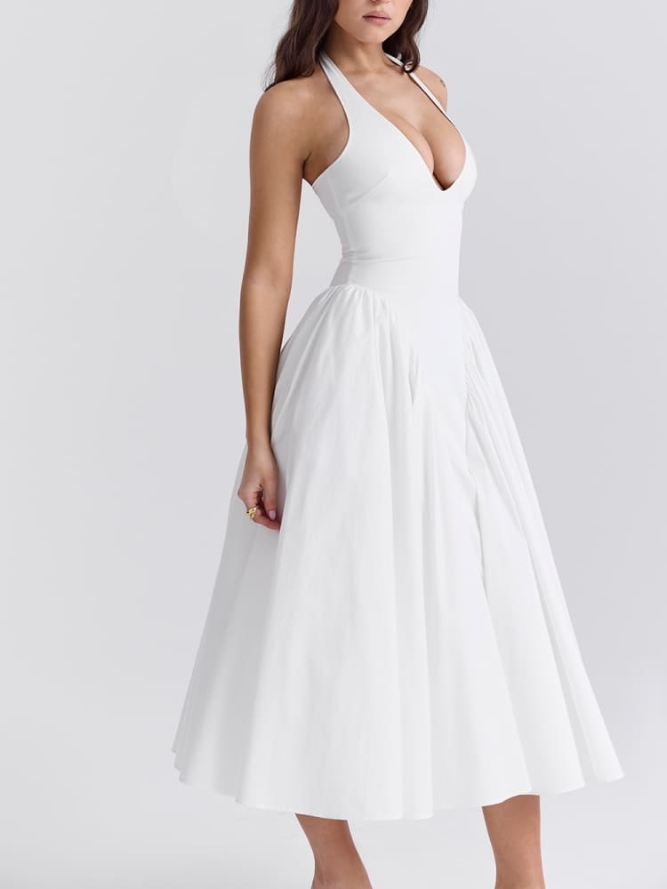 Weißes Neckholder-Midikleid aus Baumwolle