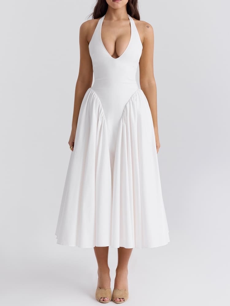 Weißes Neckholder-Midikleid aus Baumwolle