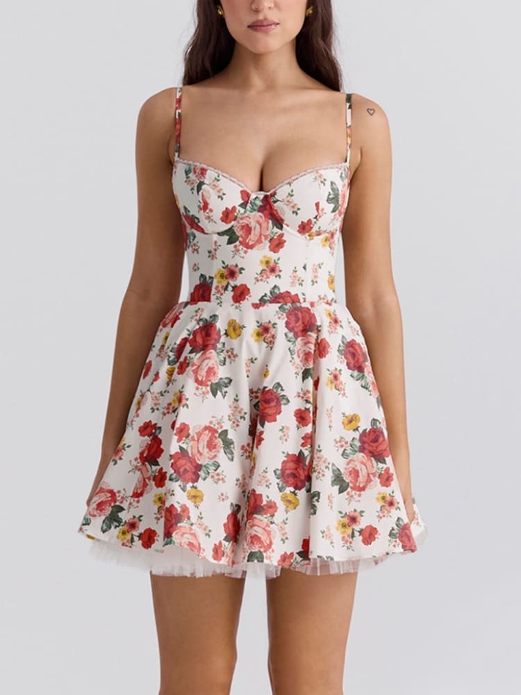 Italienisches Rosenmuster Tüll Minikleid