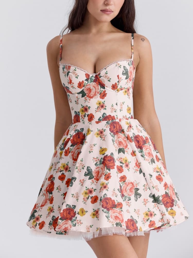 Italienisches Rosenmuster Tüll Minikleid