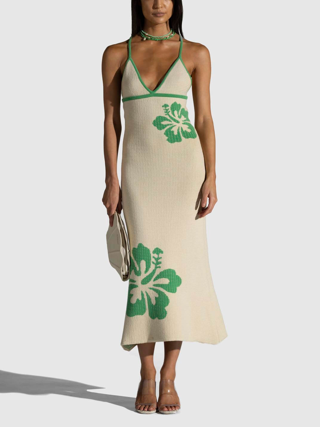 Gestricktes Neckholder-Trägerkleid mit V-Ausschnitt, rückenfrei, sexy Midikleid